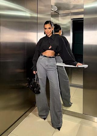 Wide leg barrel gray sem cinto